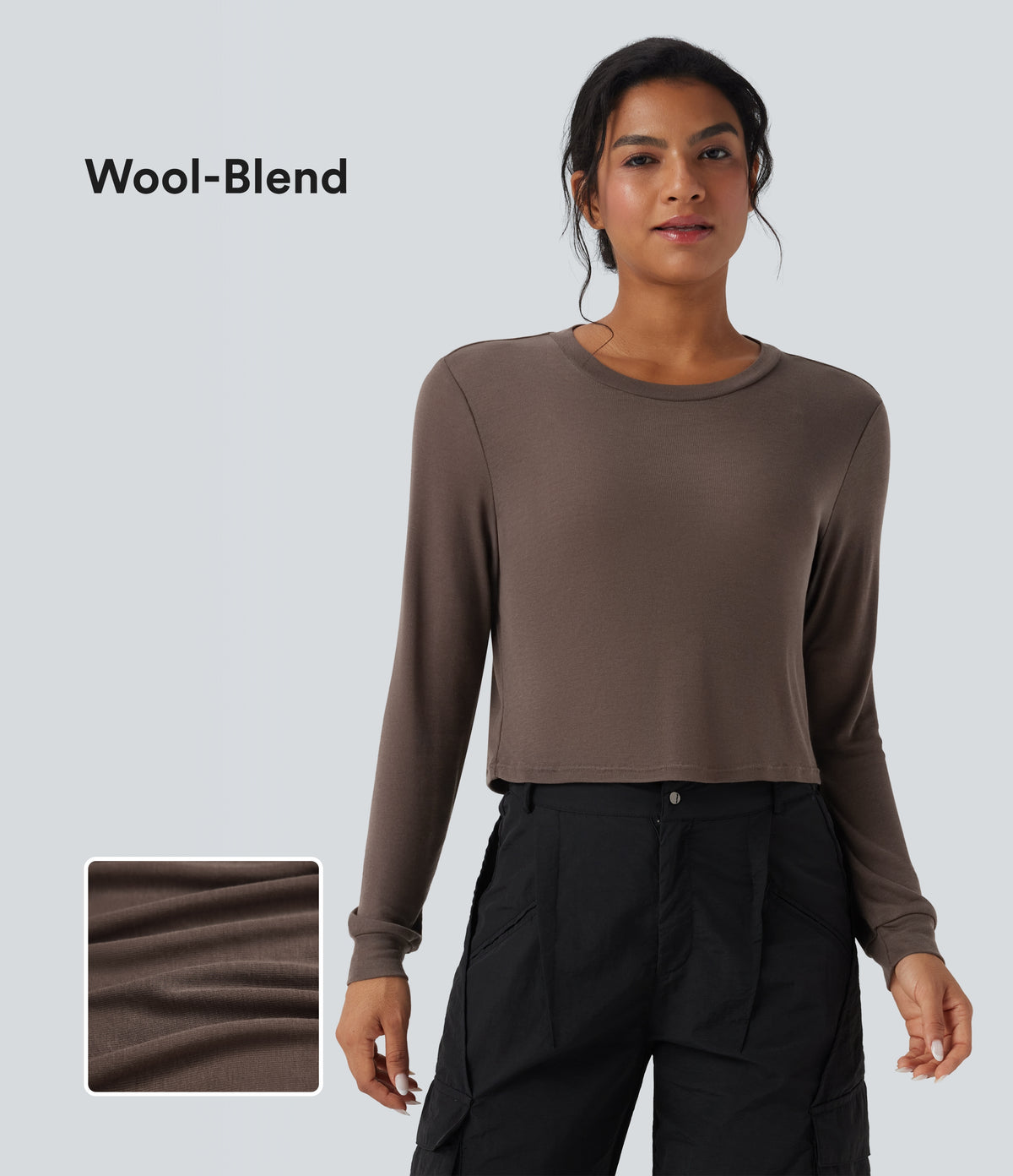 Round Neck Long Sleeve Casual Wool-Blend Top — Coffee Quartz — view 1