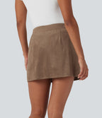 High Waisted 2-in-1 A-line Mini Suede Casual Skirt with Pockets — Coca Mocha — view 2