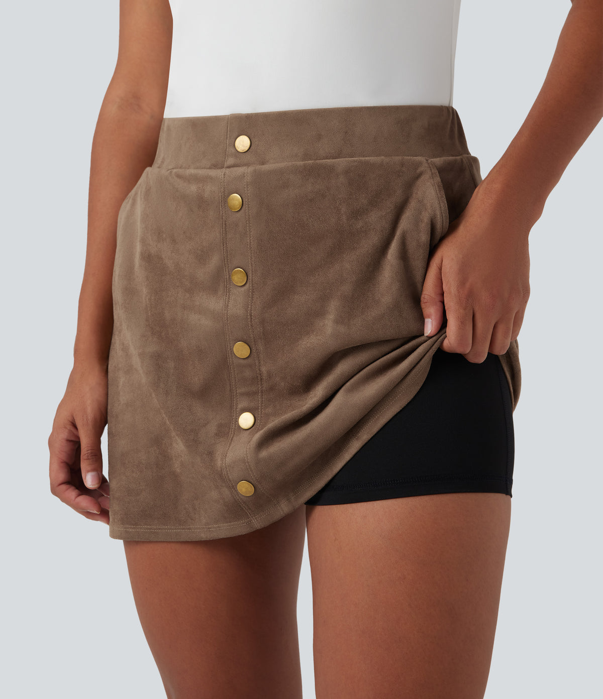 High Waisted 2-in-1 A-line Mini Suede Casual Skirt with Pockets — Coca Mocha — view 4