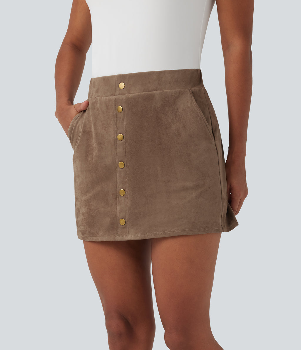 High Waisted 2-in-1 A-line Mini Suede Casual Skirt with Pockets — Coca Mocha — view 3