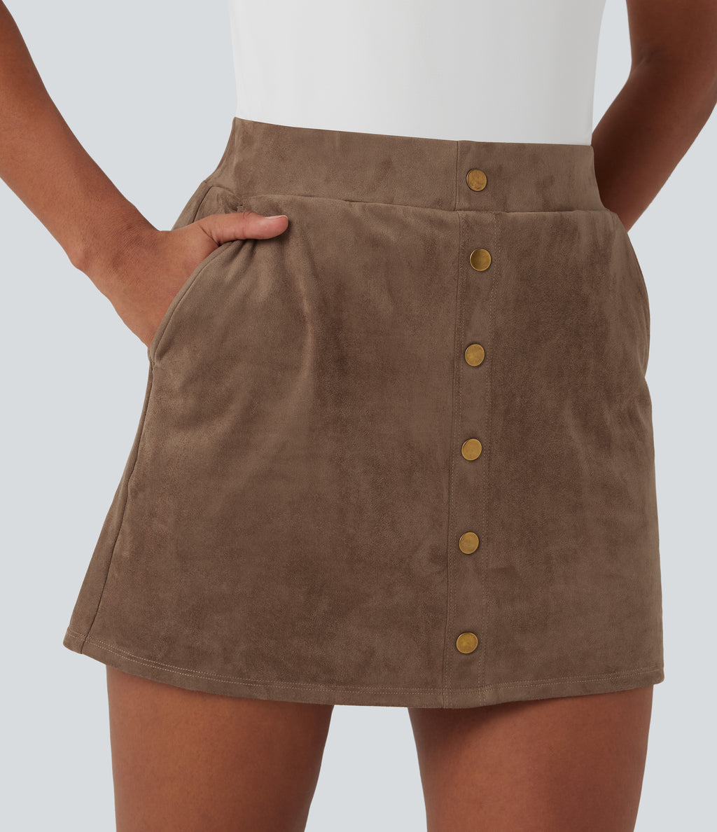 High Waisted 2-in-1 A-line Mini Suede Casual Skirt with Pockets — Coca Mocha — view 5