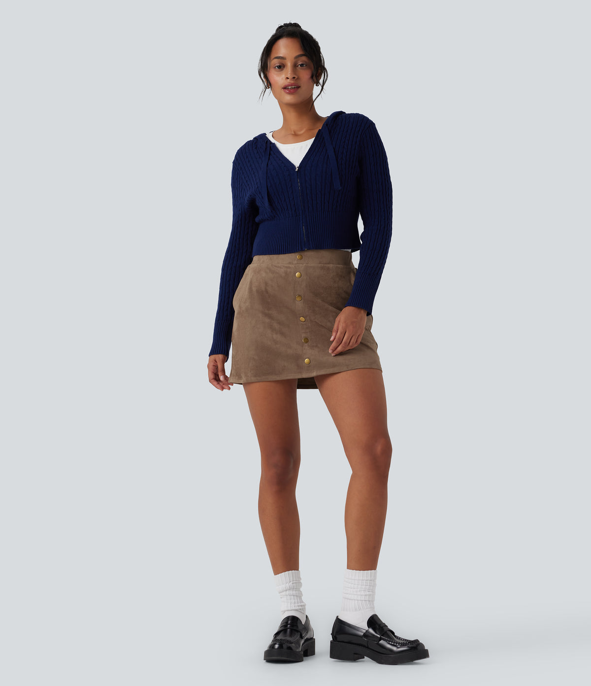 High Waisted 2-in-1 A-line Mini Suede Casual Skirt with Pockets — Coca Mocha — view 6