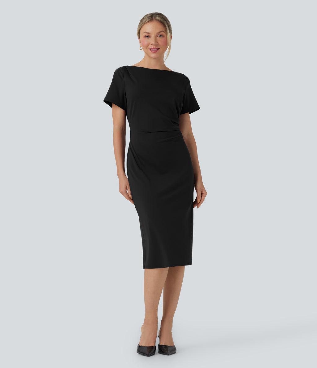 Short Sleeve Ruched Bodycon Midi Work Dress — Black — view 3