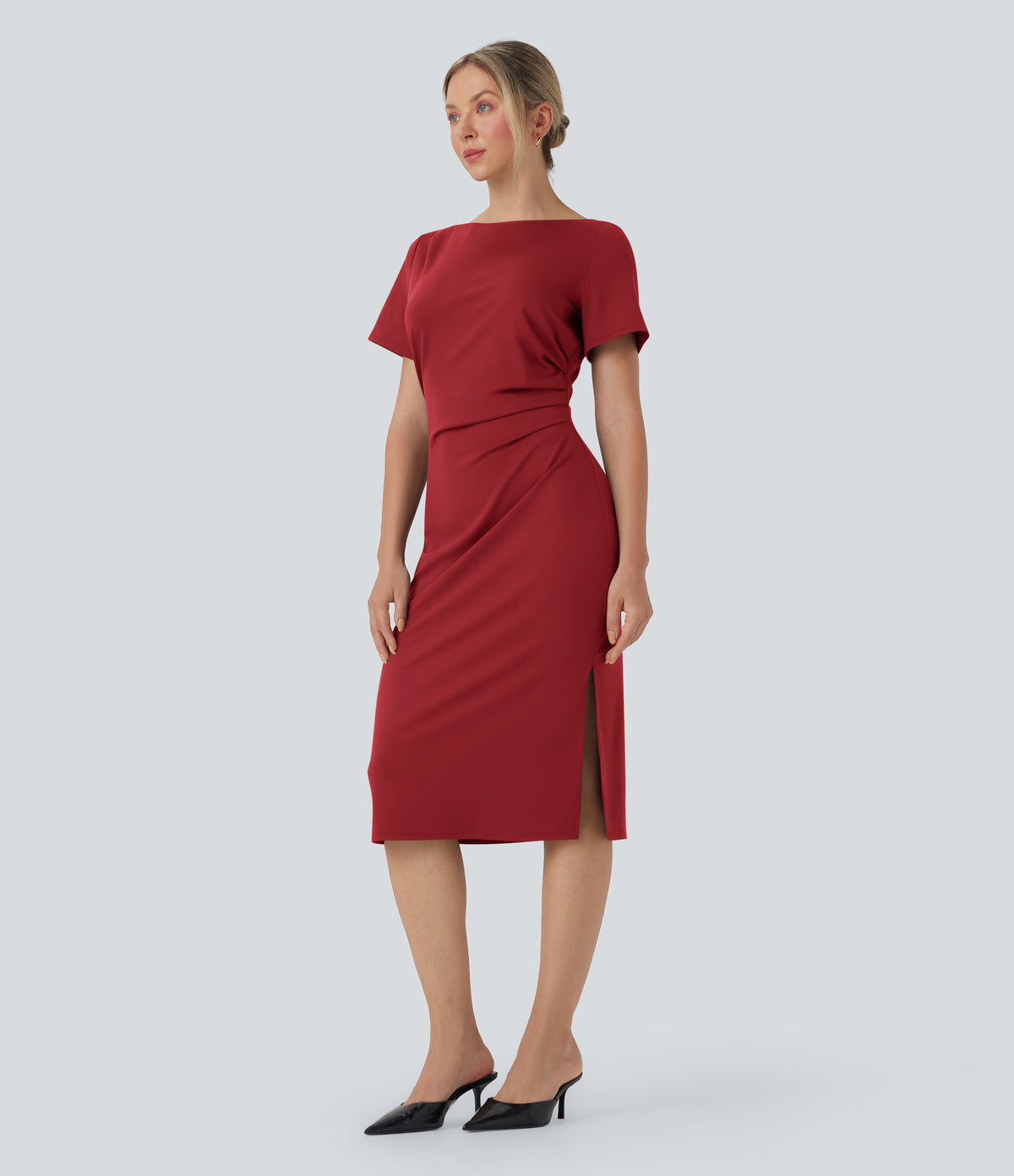 Short Sleeve Ruched Bodycon Midi Work Dress — Emboldened — view 6