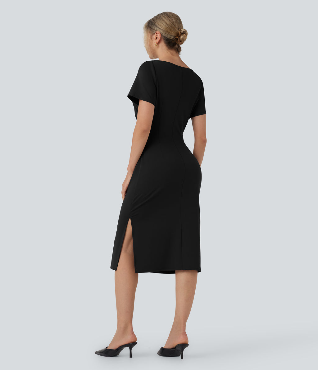 Short Sleeve Ruched Bodycon Midi Work Dress — Black — view 2