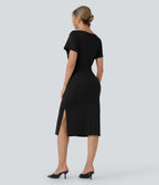 Short Sleeve Ruched Bodycon Midi Work Dress — Black — view 2