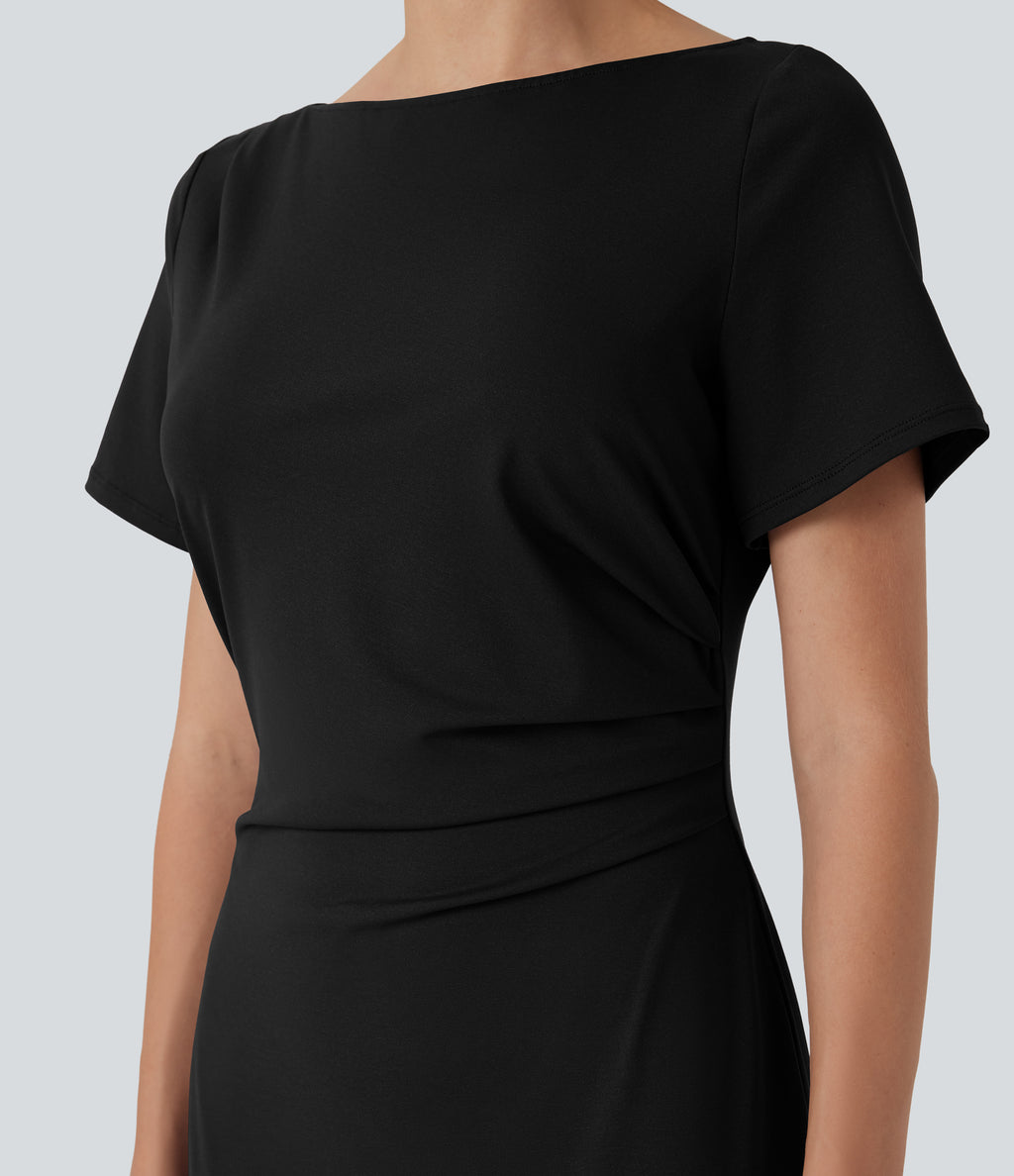 Short Sleeve Ruched Bodycon Midi Work Dress — Black — view 4