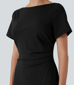 Short Sleeve Ruched Bodycon Midi Work Dress — Black — view 4