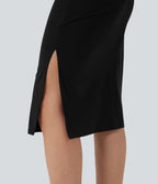 Short Sleeve Ruched Bodycon Midi Work Dress — Black — view 5