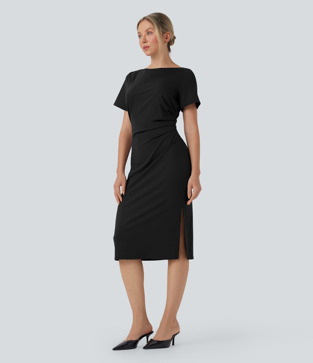 Short Sleeve Ruched Bodycon Midi Work Dress — Black — view 1
