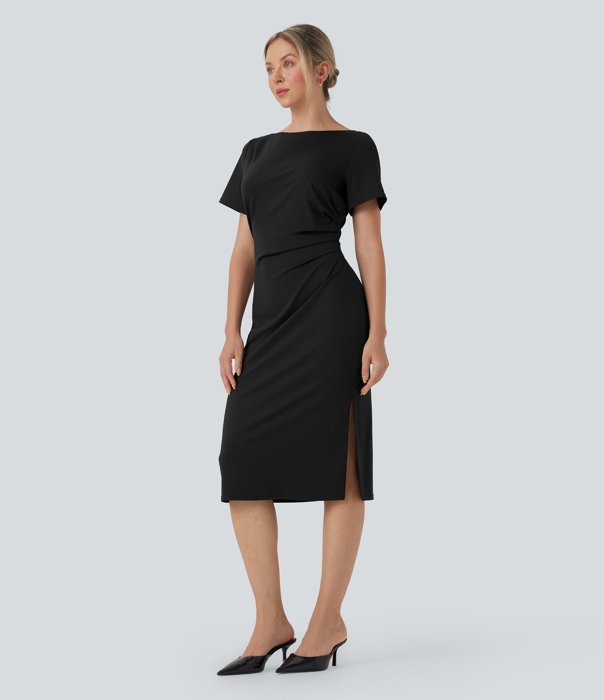 Short Sleeve Ruched Bodycon Midi Work Dress — Black — view 1
