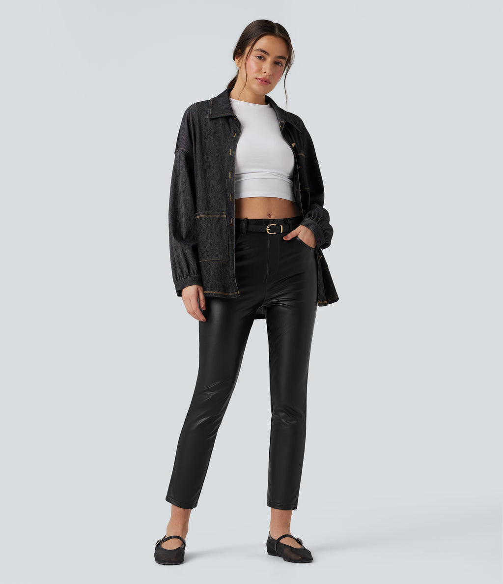 Mid Rise Stretchy PU Faux Leather Fleece 7/8 Casual Tapered Trousers with Pockets — Black — view 6