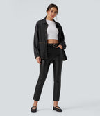 Mid Rise Stretchy PU Faux Leather Fleece 7/8 Casual Tapered Trousers with Pockets — Black — view 6