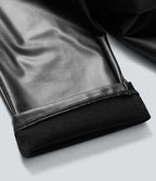 Mid Rise Stretchy PU Faux Leather Fleece 7/8 Casual Tapered Trousers with Pockets — Black — view 7