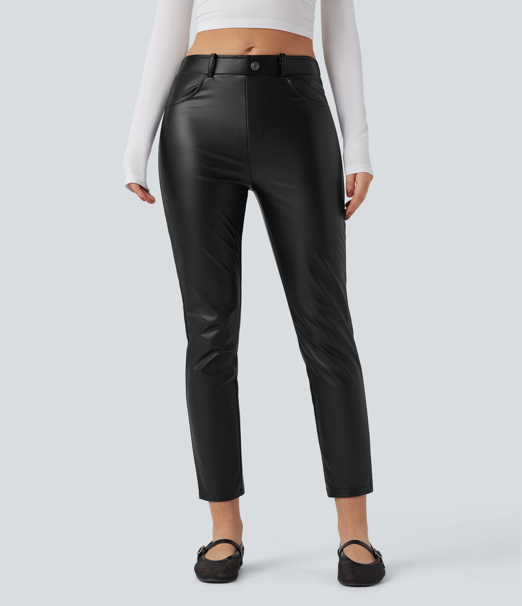 Mid Rise Stretchy PU Faux Leather Fleece 7/8 Casual Tapered Trousers with Pockets — Black — view 3