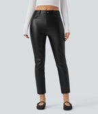 Mid Rise Stretchy PU Faux Leather Fleece 7/8 Casual Tapered Trousers with Pockets — Black — view 3
