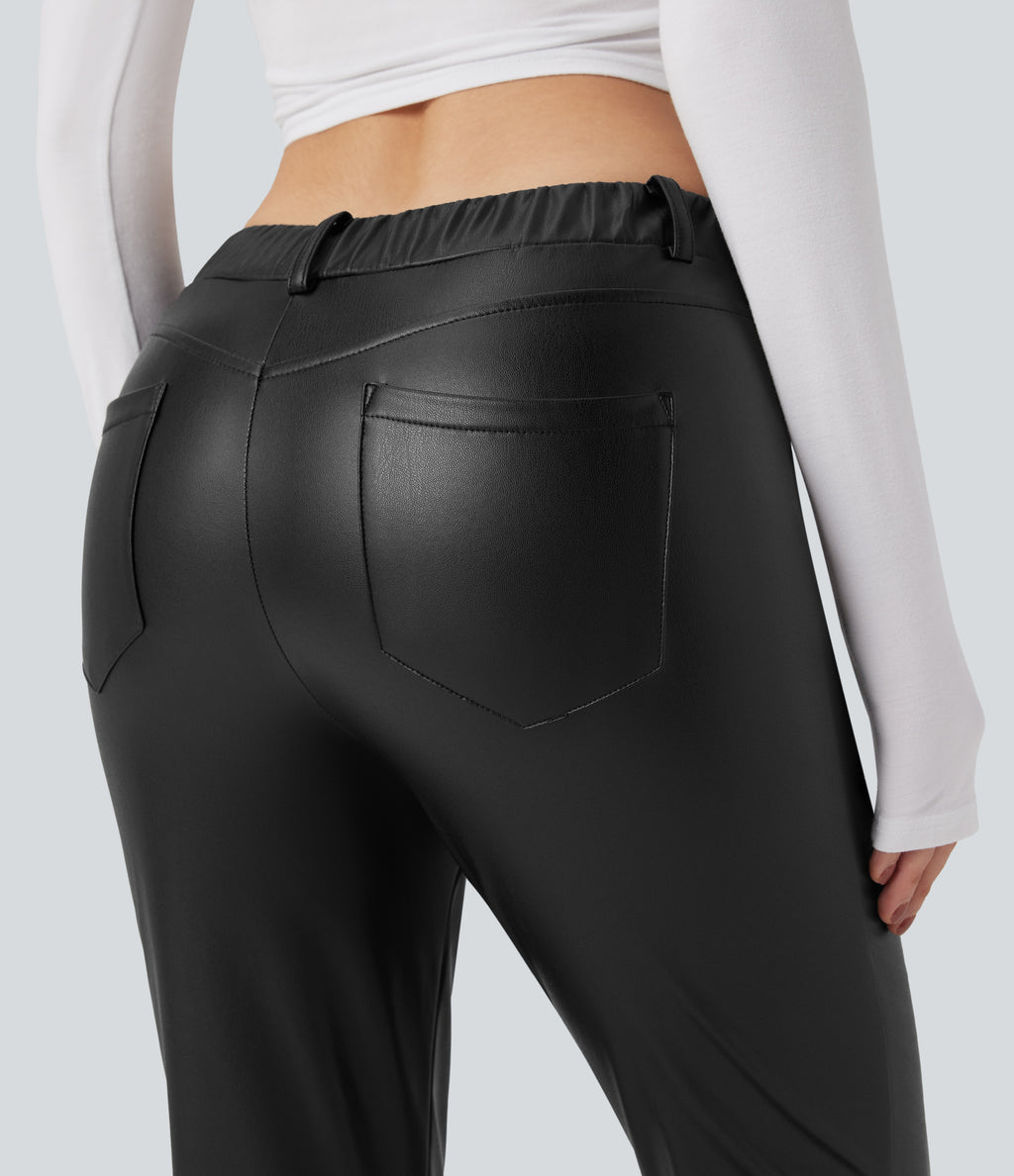 Mid Rise Stretchy PU Faux Leather Fleece 7/8 Casual Tapered Trousers with Pockets — Black — view 5