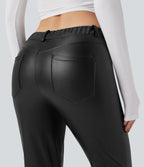 Mid Rise Stretchy PU Faux Leather Fleece 7/8 Casual Tapered Trousers with Pockets — Black — view 5