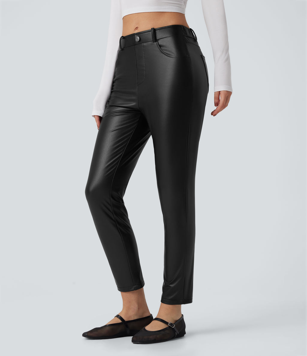 Mid Rise Stretchy PU Faux Leather Fleece 7/8 Casual Tapered Trousers with Pockets — Black — view 2