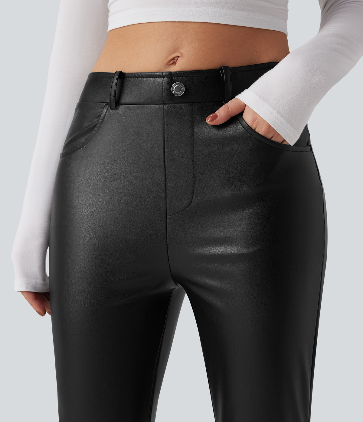 Mid Rise Stretchy PU Faux Leather Fleece 7/8 Casual Tapered Trousers with Pockets — Black — view 4