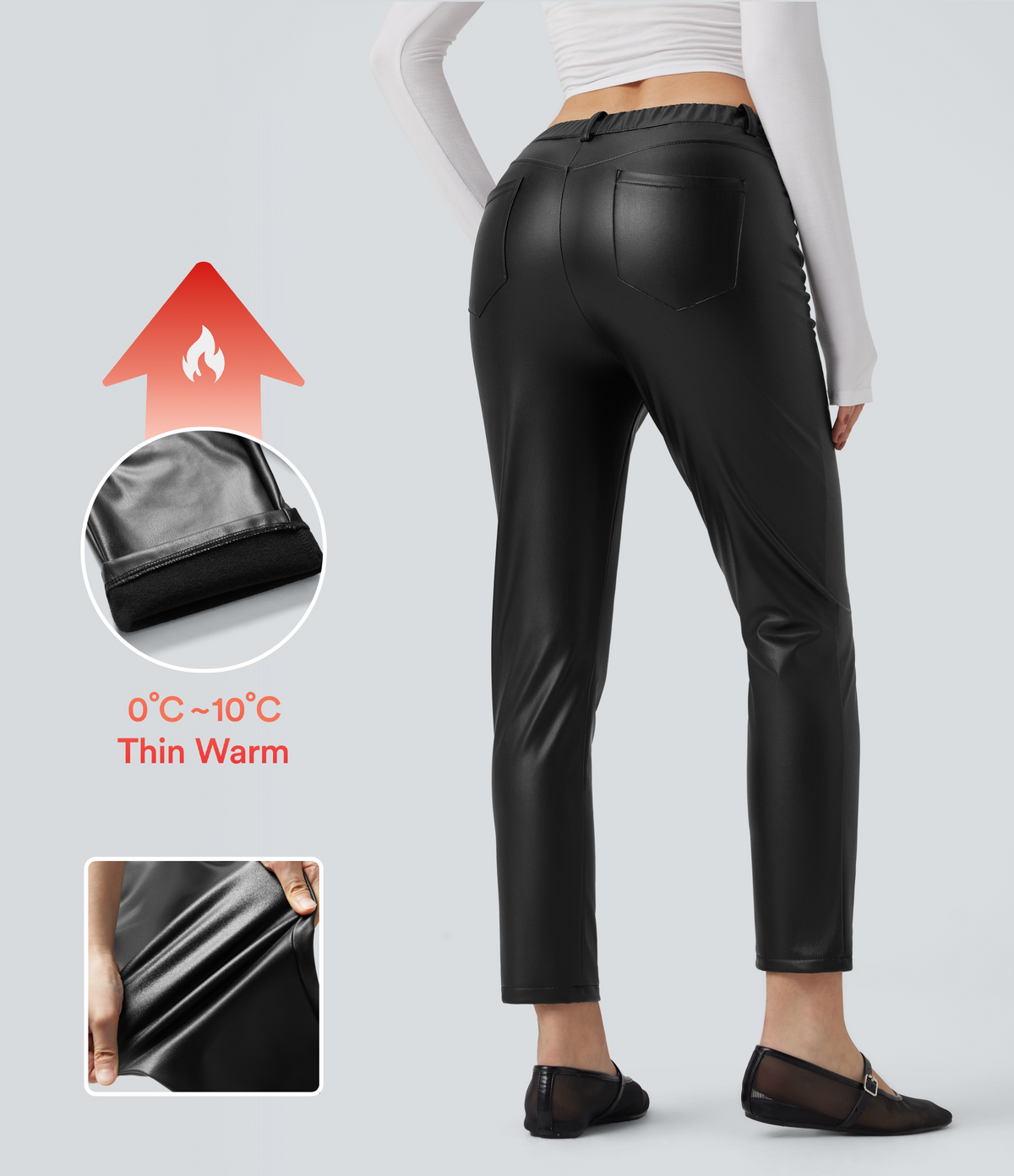 Mid Rise Stretchy PU Faux Leather Fleece 7/8 Casual Tapered Trousers with Pockets — Black — view 1