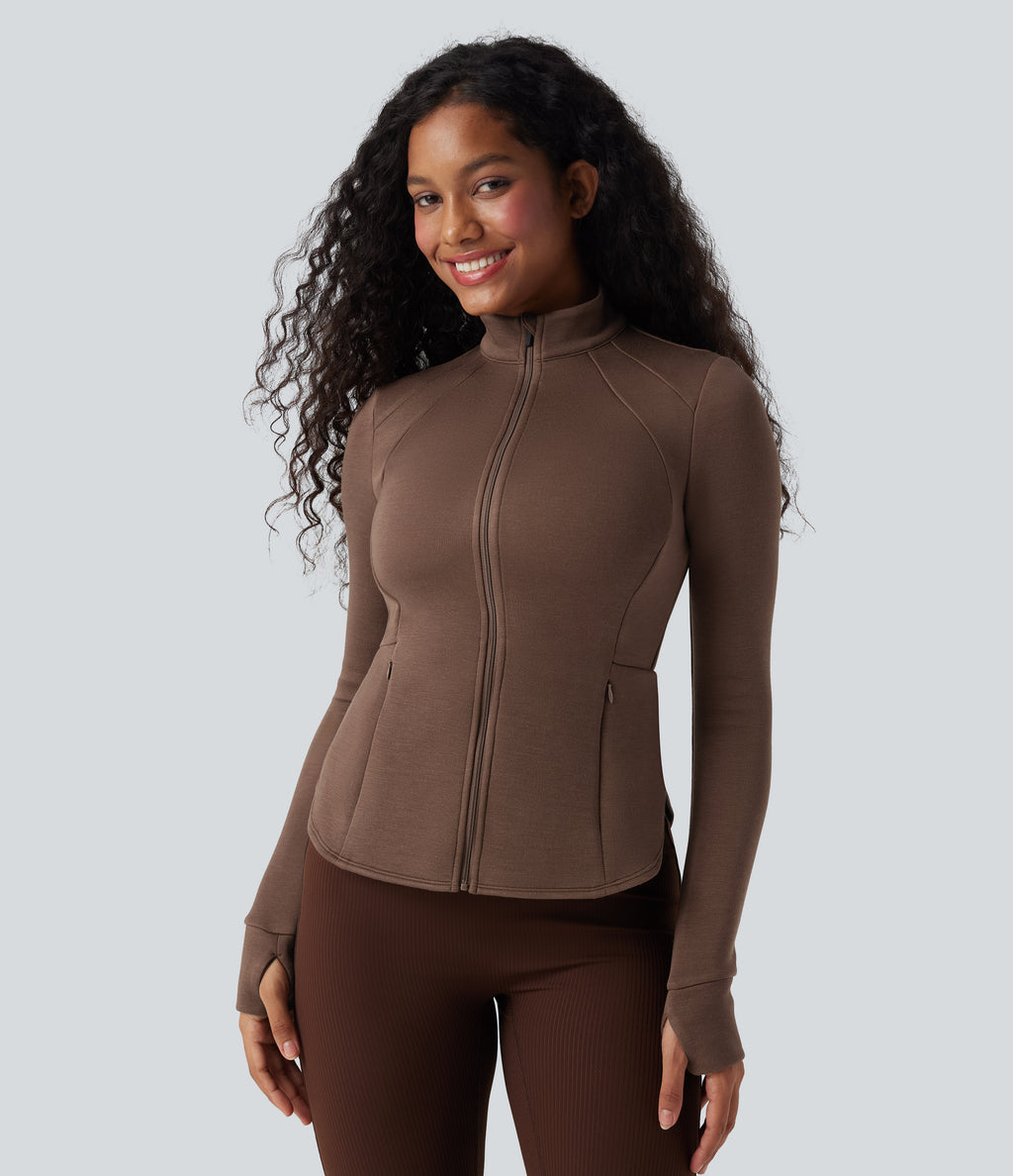 SpacerTek Stand Collar Reglan Long Sleeve Thumb Holes Workout Jacket — Cocoa Brown — view 3