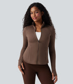 SpacerTek Stand Collar Reglan Long Sleeve Thumb Holes Workout Jacket — Cocoa Brown — view 1