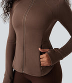 SpacerTek Stand Collar Reglan Long Sleeve Thumb Holes Workout Jacket — Cocoa Brown — view 5