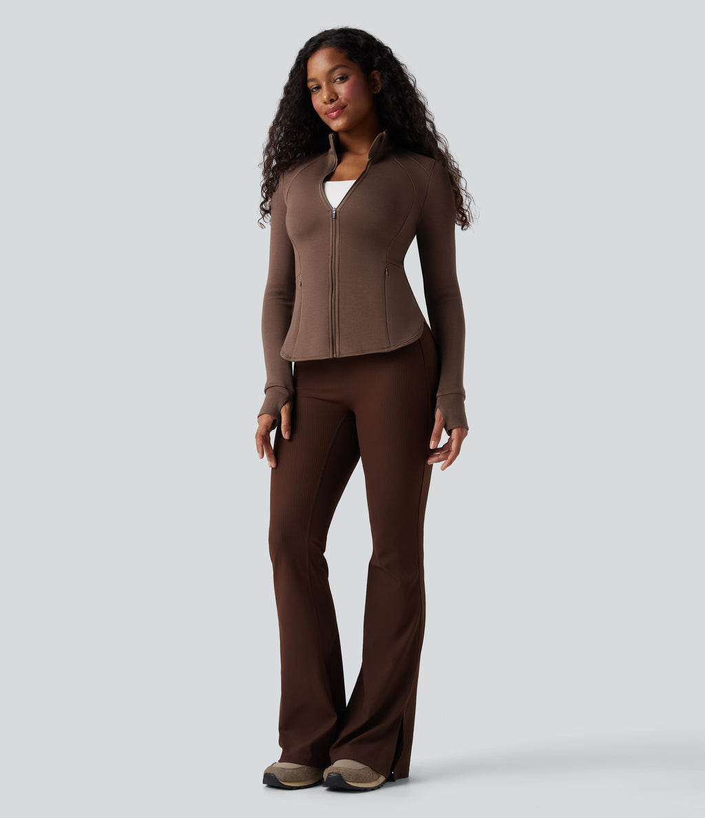 SpacerTek Stand Collar Reglan Long Sleeve Thumb Holes Workout Jacket — Cocoa Brown — view 8