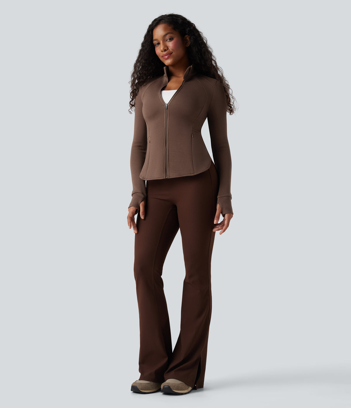 SpacerTek Stand Collar Reglan Long Sleeve Thumb Holes Workout Jacket — Cocoa Brown — view 8