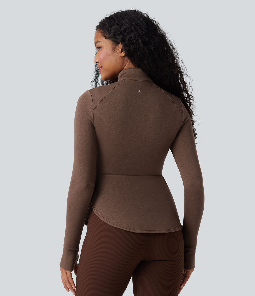 SpacerTek Stand Collar Reglan Long Sleeve Thumb Holes Workout Jacket — Cocoa Brown — view 2