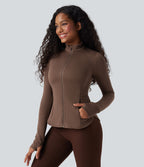 SpacerTek Stand Collar Reglan Long Sleeve Thumb Holes Workout Jacket — Cocoa Brown — view 4