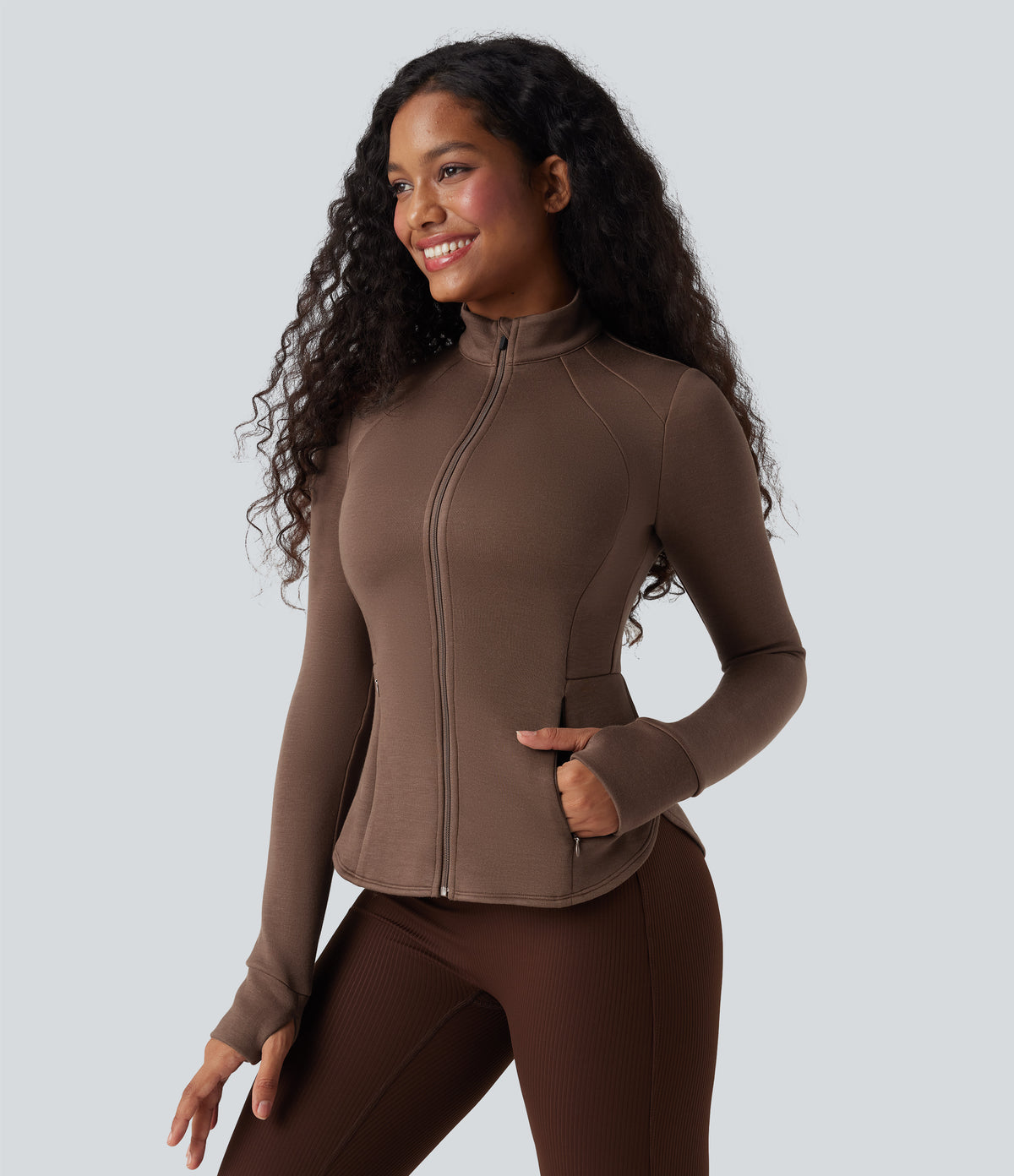 SpacerTek Stand Collar Reglan Long Sleeve Thumb Holes Workout Jacket — Cocoa Brown — view 4