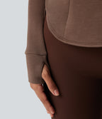 SpacerTek Stand Collar Reglan Long Sleeve Thumb Holes Workout Jacket — Cocoa Brown — view 7