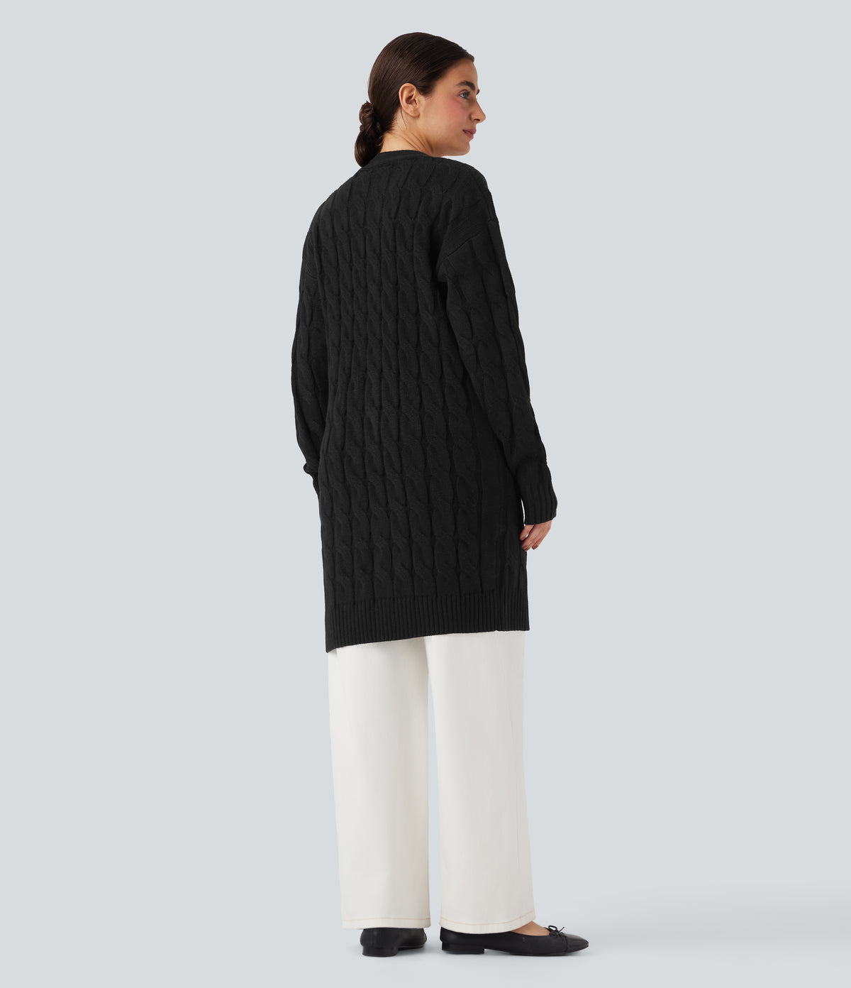 V Neck Long Sleeve Longline Casual Cardigan with Pockets — Black — view 2
