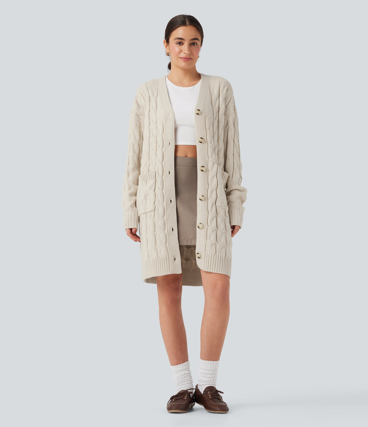 V Neck Long Sleeve Longline Casual Cardigan with Pockets — Rice Khaki — view 6