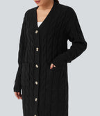 V Neck Long Sleeve Longline Casual Cardigan with Pockets — Black — view 4