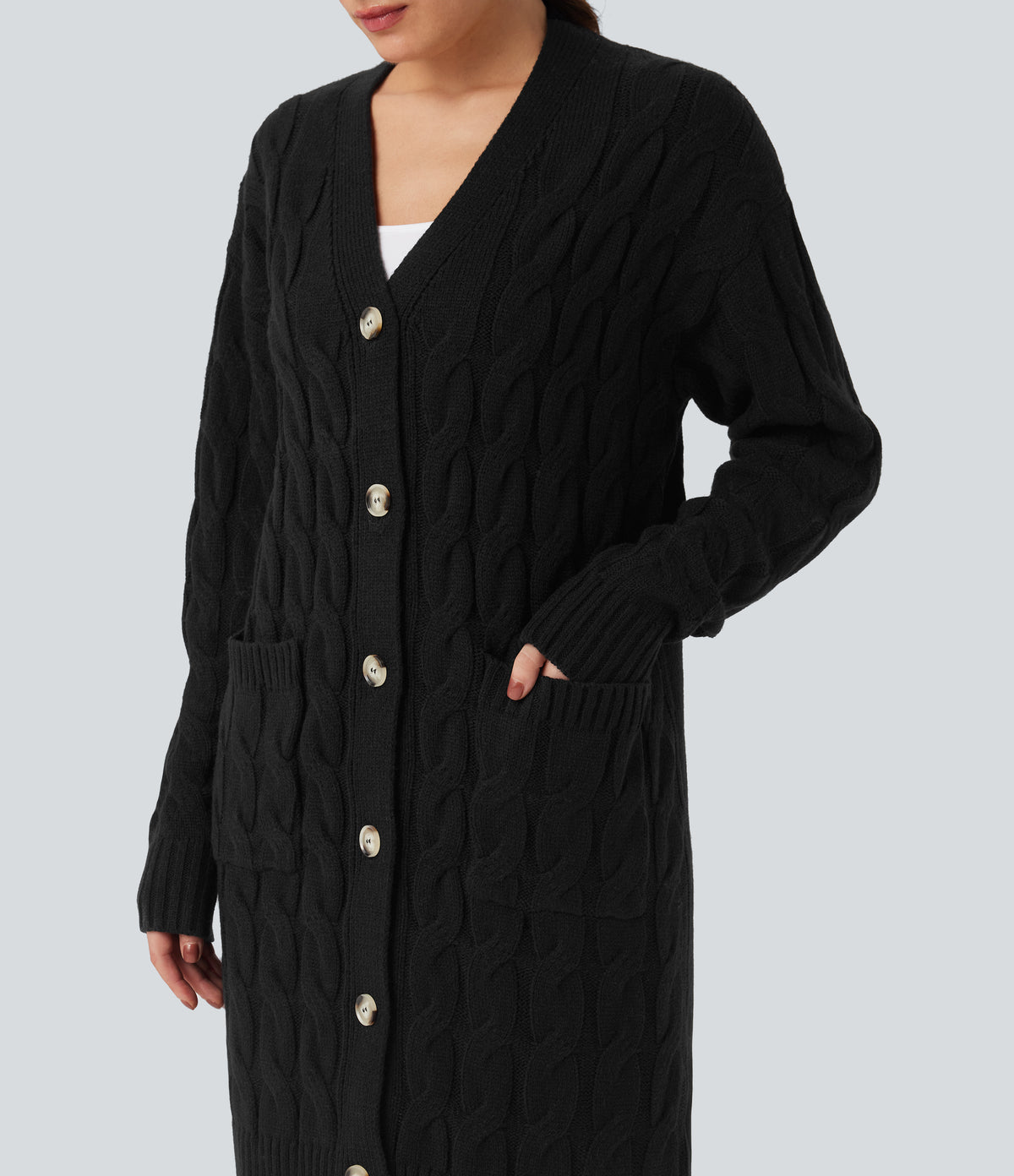 V Neck Long Sleeve Longline Casual Cardigan with Pockets — Black — view 4