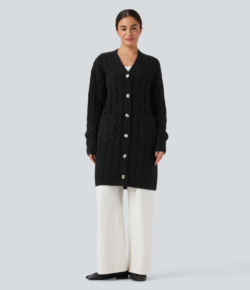 V Neck Long Sleeve Longline Casual Cardigan with Pockets — Black — view 5