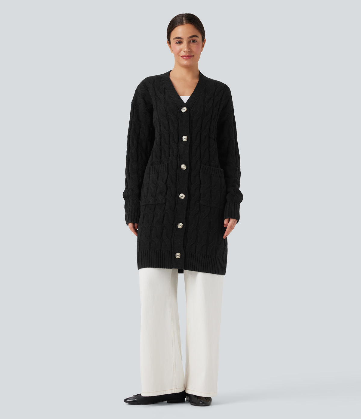 V Neck Long Sleeve Longline Casual Cardigan with Pockets — Black — view 5