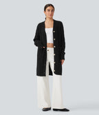V Neck Long Sleeve Longline Casual Cardigan with Pockets — Black — view 1
