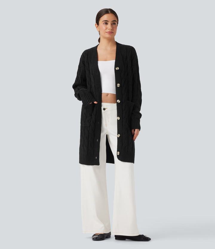V Neck Long Sleeve Longline Casual Cardigan with Pockets — Black — view 1