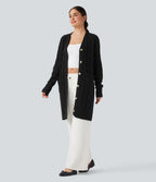 V Neck Long Sleeve Longline Casual Cardigan with Pockets — Black — view 3