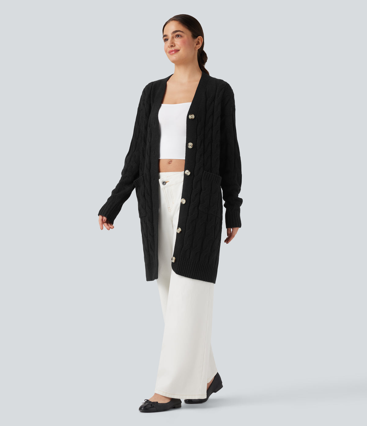 V Neck Long Sleeve Longline Casual Cardigan with Pockets — Black — view 3