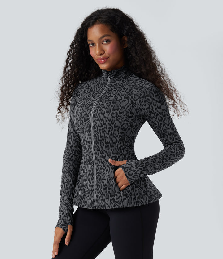 Leopard Print Stand Collar Long Sleeve Thumb Hole Casual Jacket with Pockets — Shadow Leopard — view 1