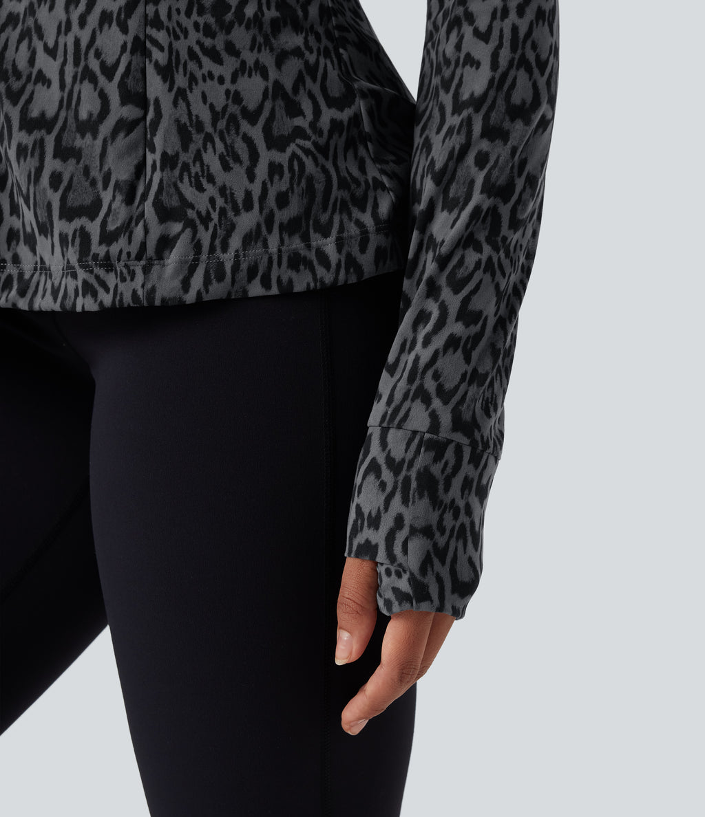Leopard Print Stand Collar Long Sleeve Thumb Hole Casual Jacket with Pockets — Shadow Leopard — view 5