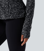 Leopard Print Stand Collar Long Sleeve Thumb Hole Casual Jacket with Pockets — Shadow Leopard — view 5