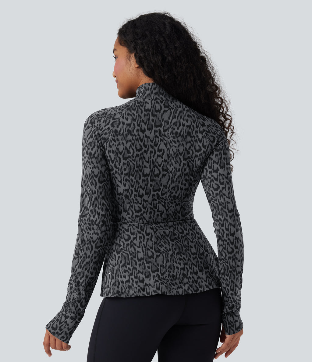 Leopard Print Stand Collar Long Sleeve Thumb Hole Casual Jacket with Pockets — Shadow Leopard — view 2