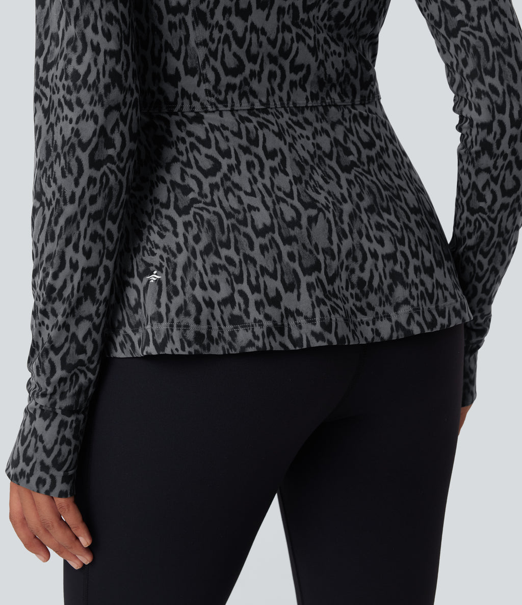 Leopard Print Stand Collar Long Sleeve Thumb Hole Casual Jacket with Pockets — Shadow Leopard — view 6