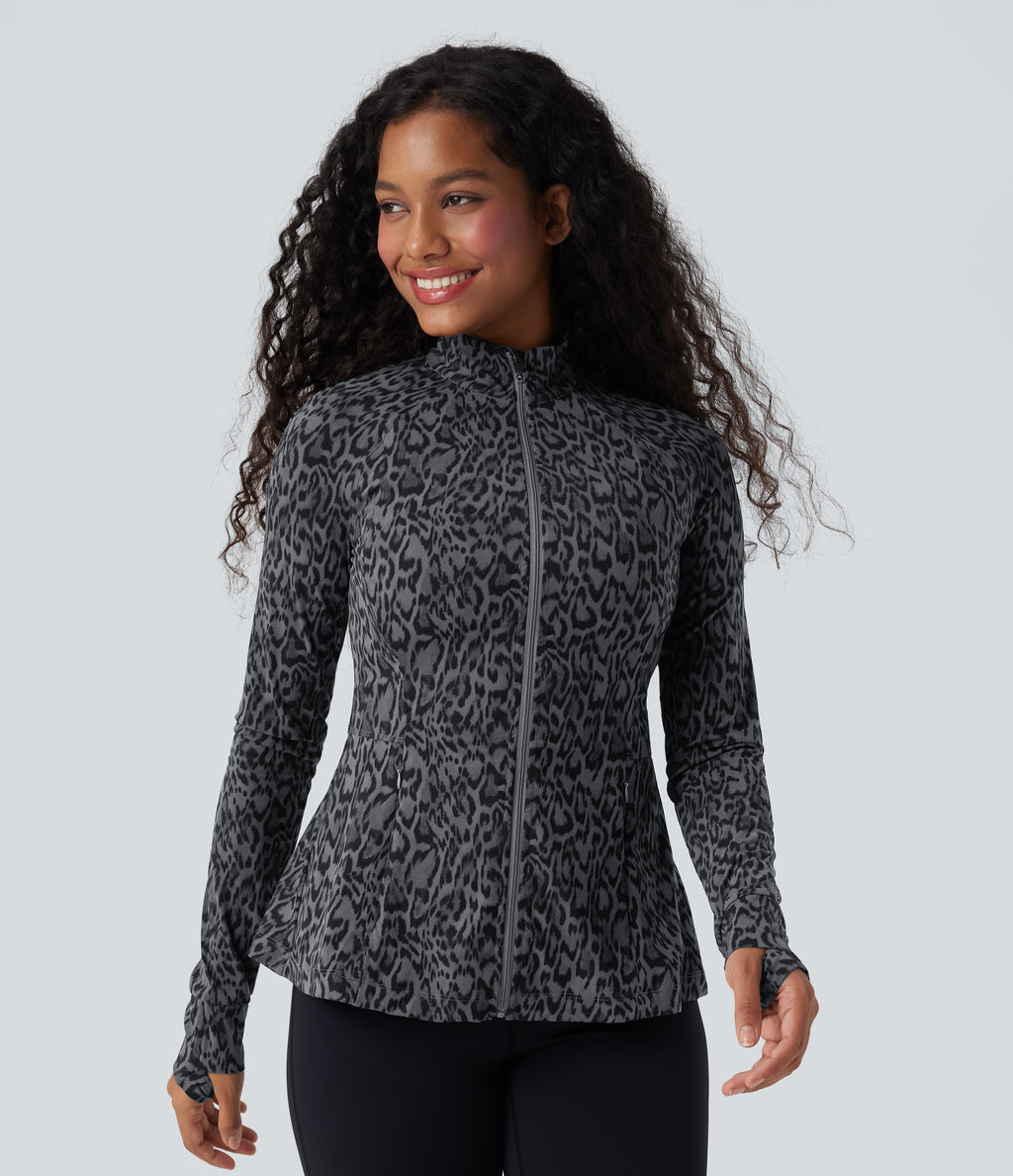 Leopard Print Stand Collar Long Sleeve Thumb Hole Casual Jacket with Pockets — Shadow Leopard — view 3